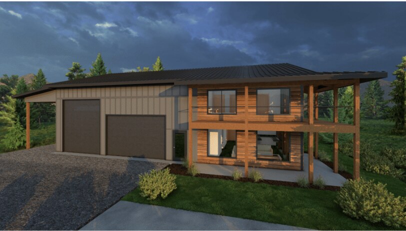 Architectural rendering of the home design available with purchase — front elevation with garage and covered deck, Timber Lakes Heber City