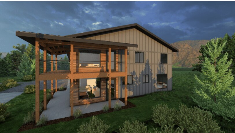 Architectural rendering of the home design available with purchase — rear elevation with two-level deck, Timber Lakes Heber City